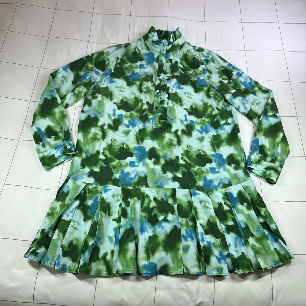 Tuckernuck Dress Womens Medium Green Deep Lagoon Tate Pleated Mini Long Sleeve - Picture 3 of 10